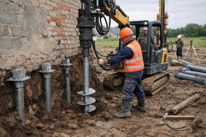 Как производится усиление фундамента сваями?